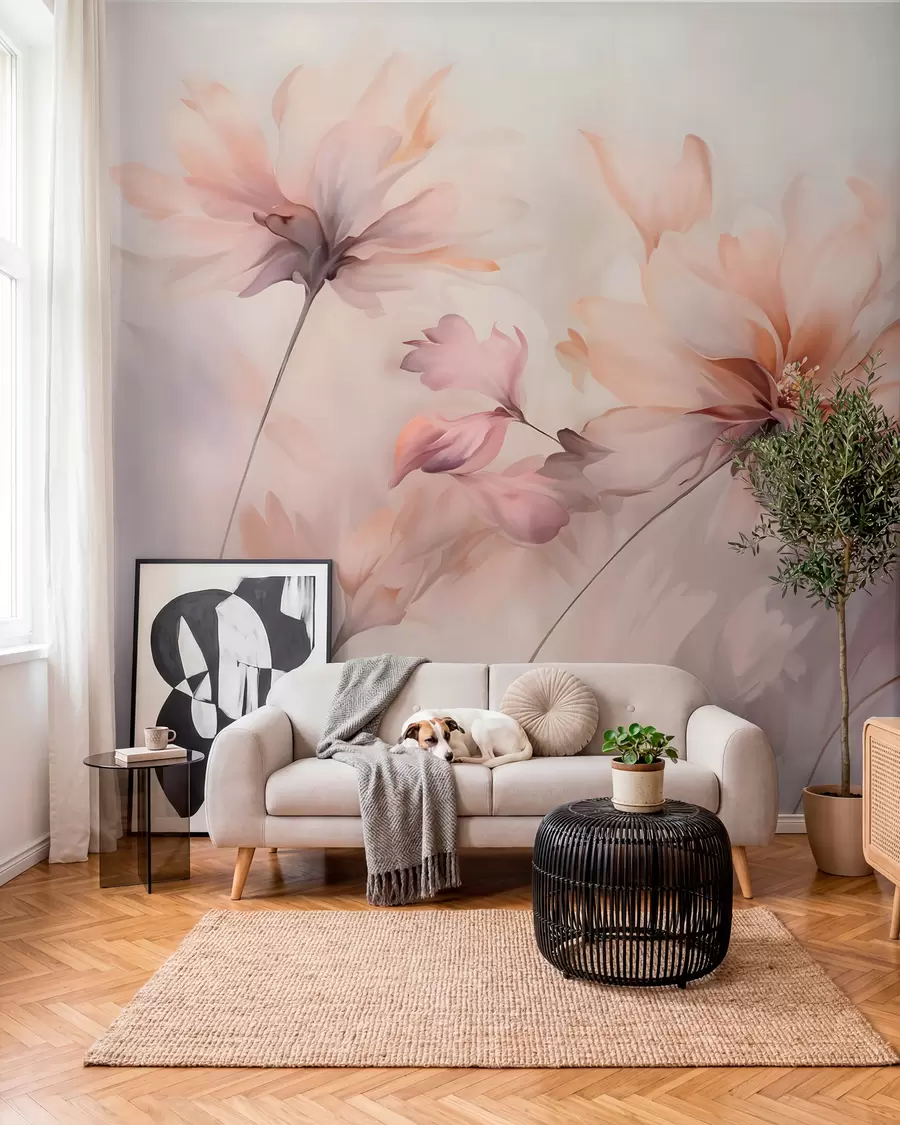 fototapeter En delikat blomsterkunst med store pastellfargede blomster med gjennomskinnelige kronblader, myke stilker og en mild diffus bakgrunn  w09050