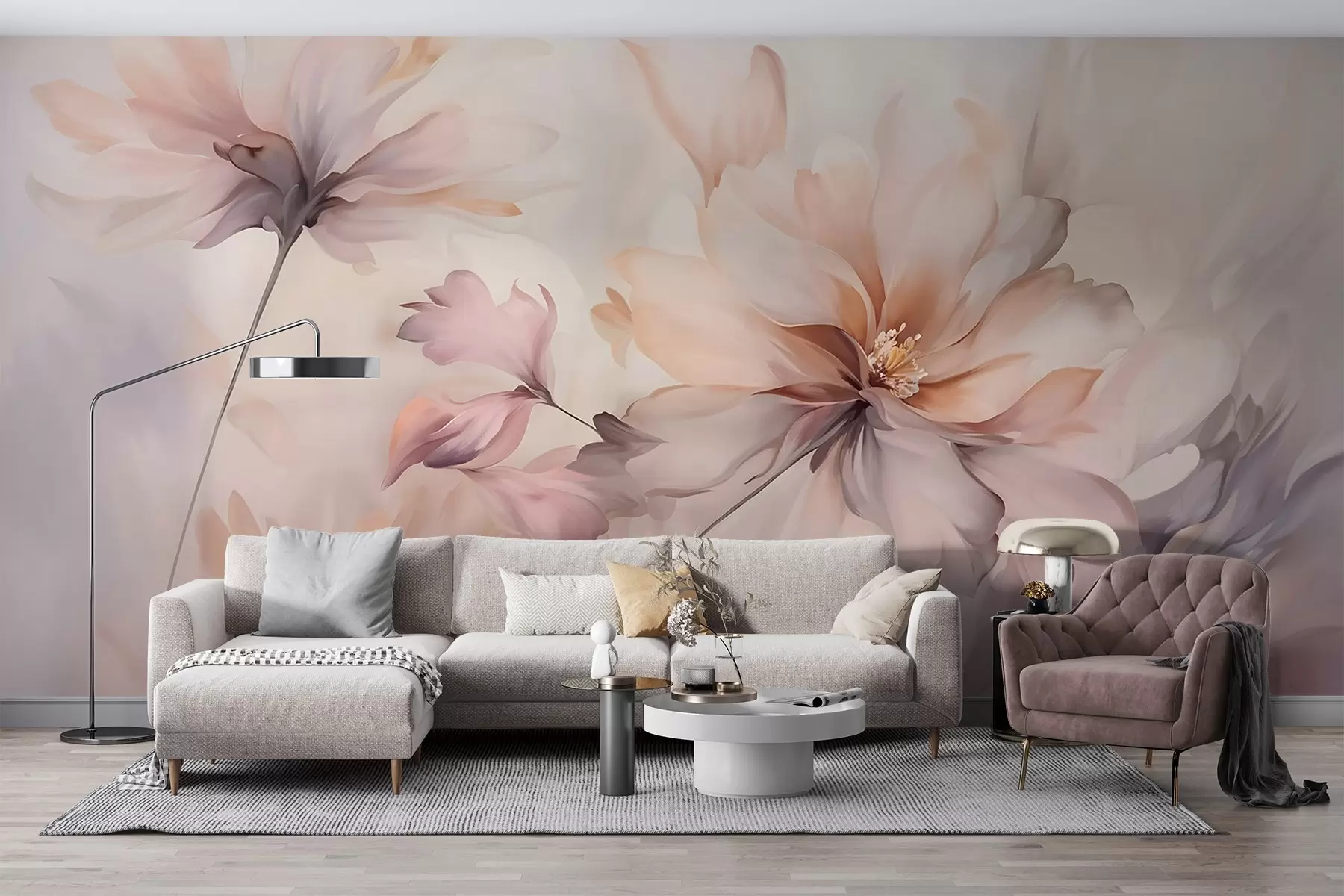 fototapeter En delikat blomsterkunst med store pastellfargede blomster med gjennomskinnelige kronblader, myke stilker og en mild diffus bakgrunn  w09050
