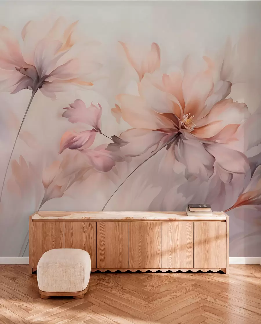 fototapeter En delikat blomsterkunst med store pastellfargede blomster med gjennomskinnelige kronblader, myke stilker og en mild diffus bakgrunn  w09050