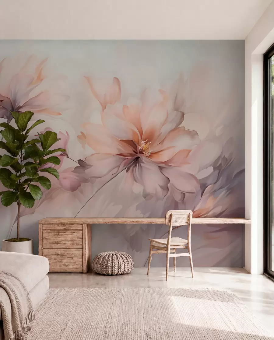 fototapeter En delikat blomsterkunst med store pastellfargede blomster med gjennomskinnelige kronblader, myke stilker og en mild diffus bakgrunn  w09050