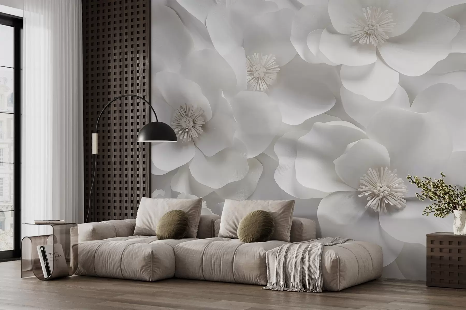 fototapeter Hvite blomster med delikate kronblader, arrangert i en tett klynge, som skaper en følelse av renhet og eleganse på hvit bakgrunn w09053