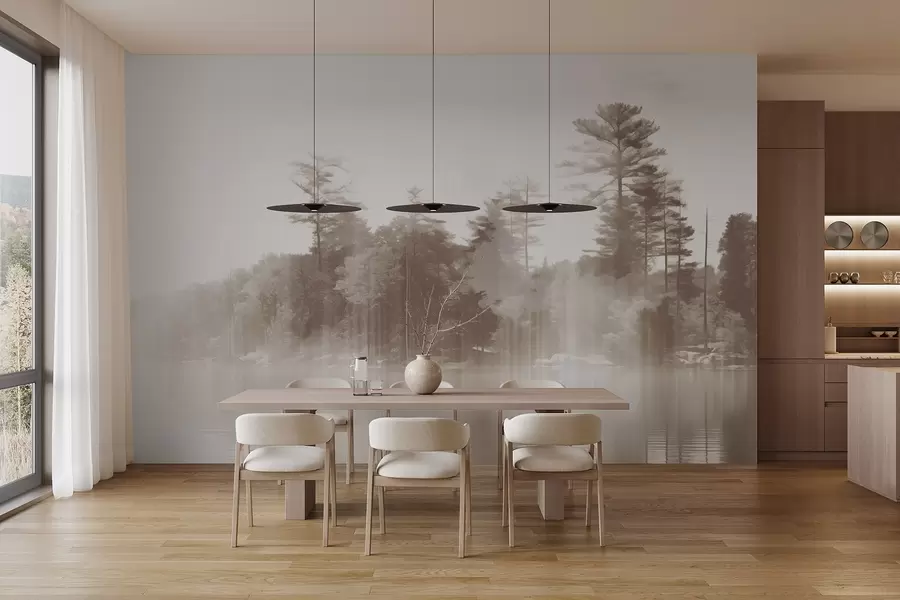 fototapeter Abstrakt, minimalistisk teksturlandskap med en innsjø og trær som speiler seg i vannet i beige og hvite nyanser w09058v1