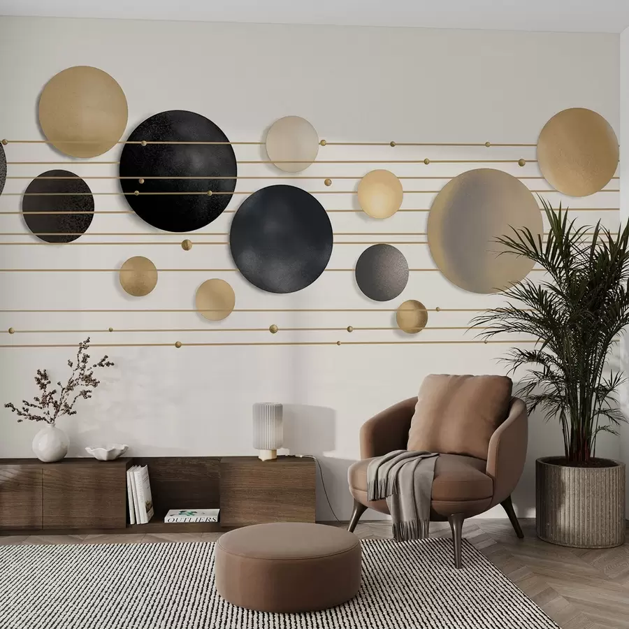fototapeter Abstrakt moderne design med teksturerte sirkler i hvite, gule og grå toner, forbundet med tynne linjer, minimalistisk kunst  w09060