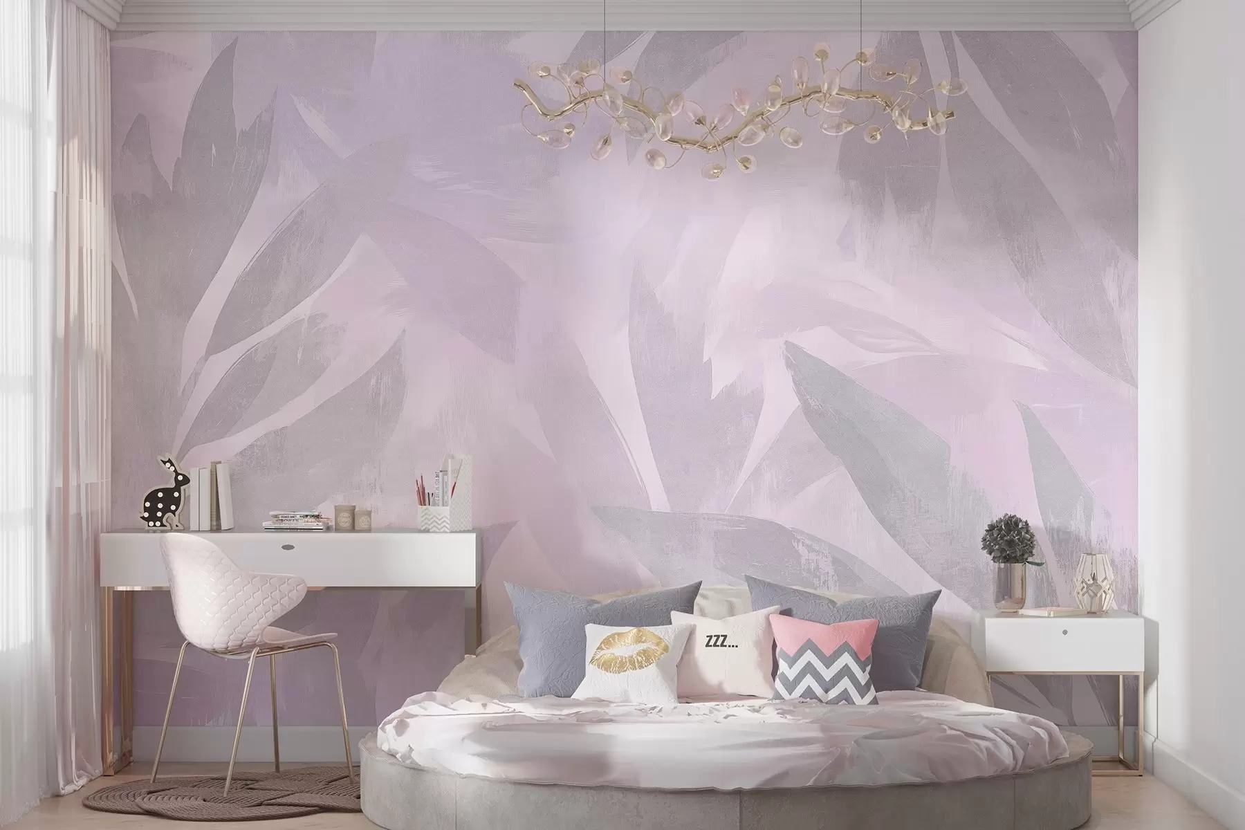 fototapeter Tropiske blader, blomster, palmer, pastellstil, lilla farger w03881v1