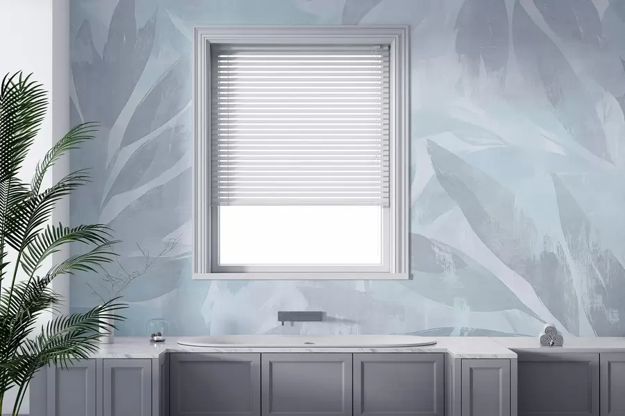 fototapeter Tropiske blader, blomster, palmer, pastellstil, blå farger w03881v2