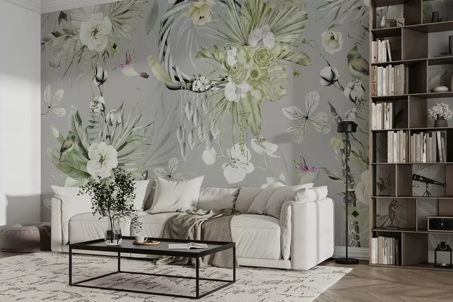 fototapeter Pynt i boho-stil med pionblomster og fugler, akvarellstil, grønne farger w03885v2