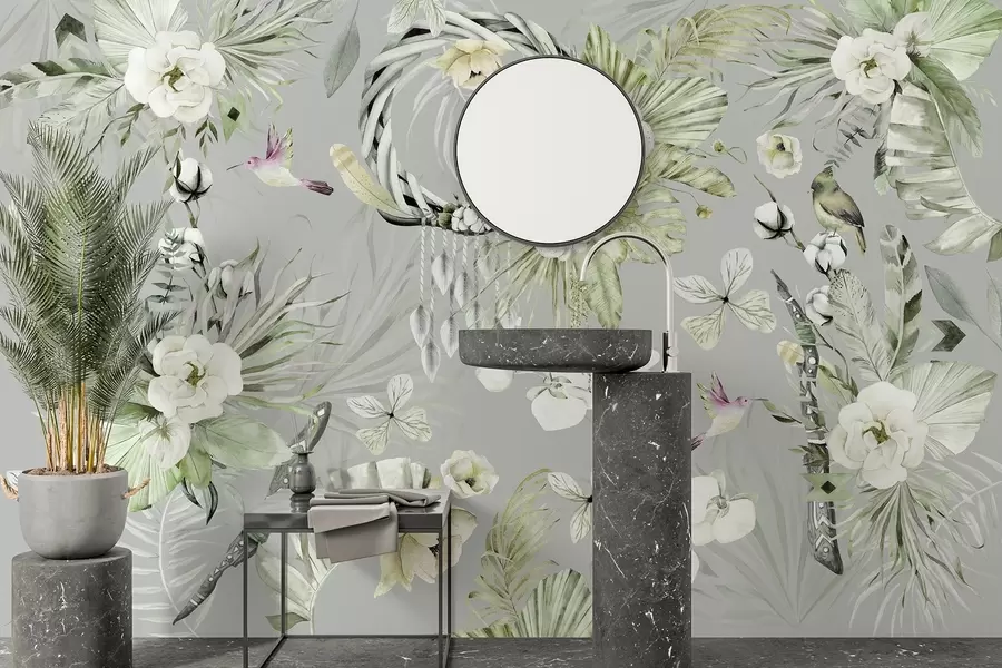 fototapeter Pynt i boho-stil med pionblomster og fugler, akvarellstil, grønne farger w03885v2