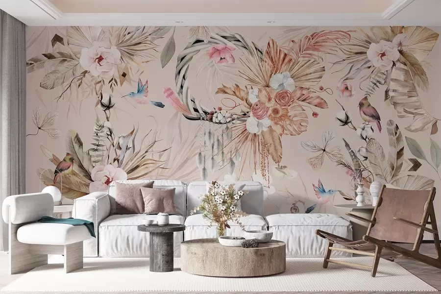 fototapeter Pynt i boho-stil med pionblomster og fugler, akvarellstil, myke farger w03885v3