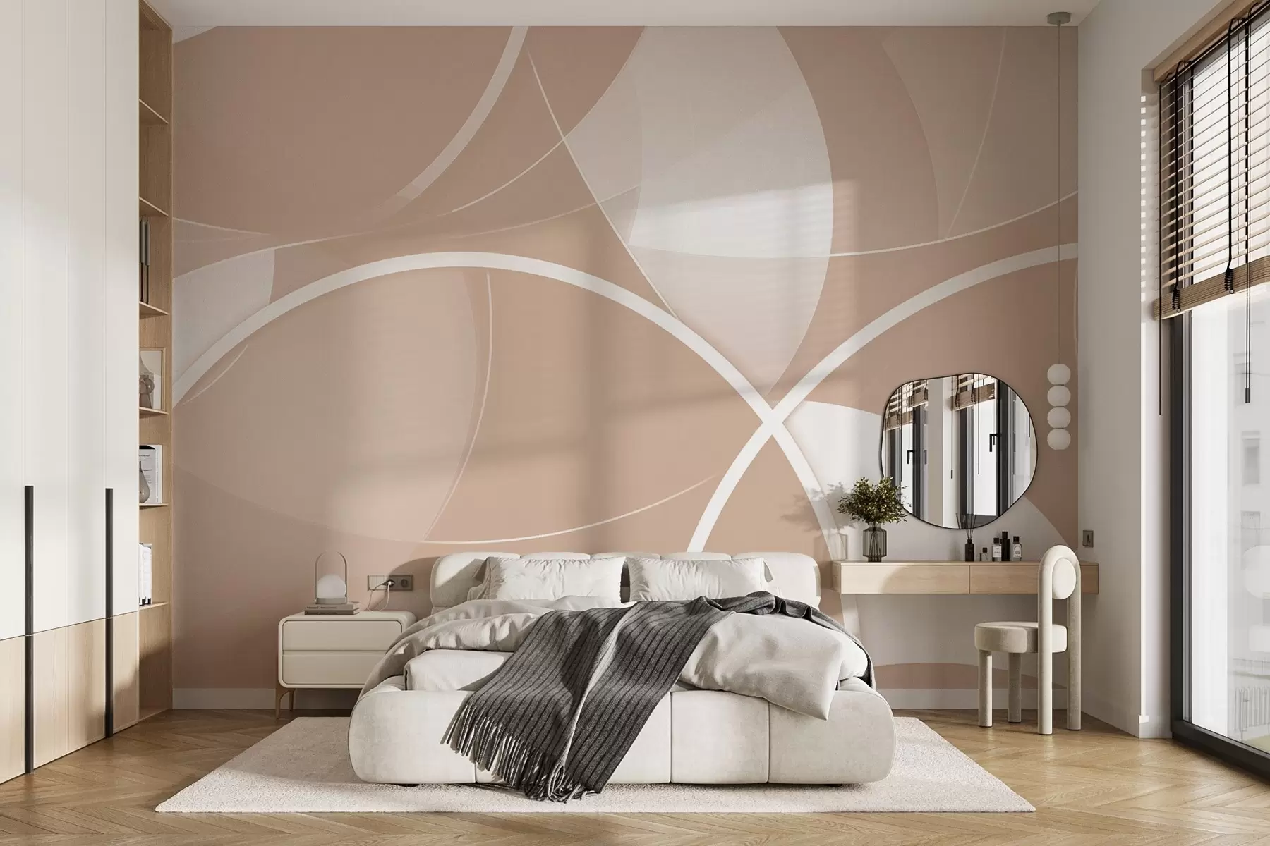 fototapeter Geometrisk abstraksjon i beige og rosa toner med sirkler og halvsirkler w09085