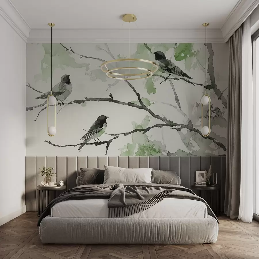 fototapeter Fugler på tregrener i akvarellstil w09064v3