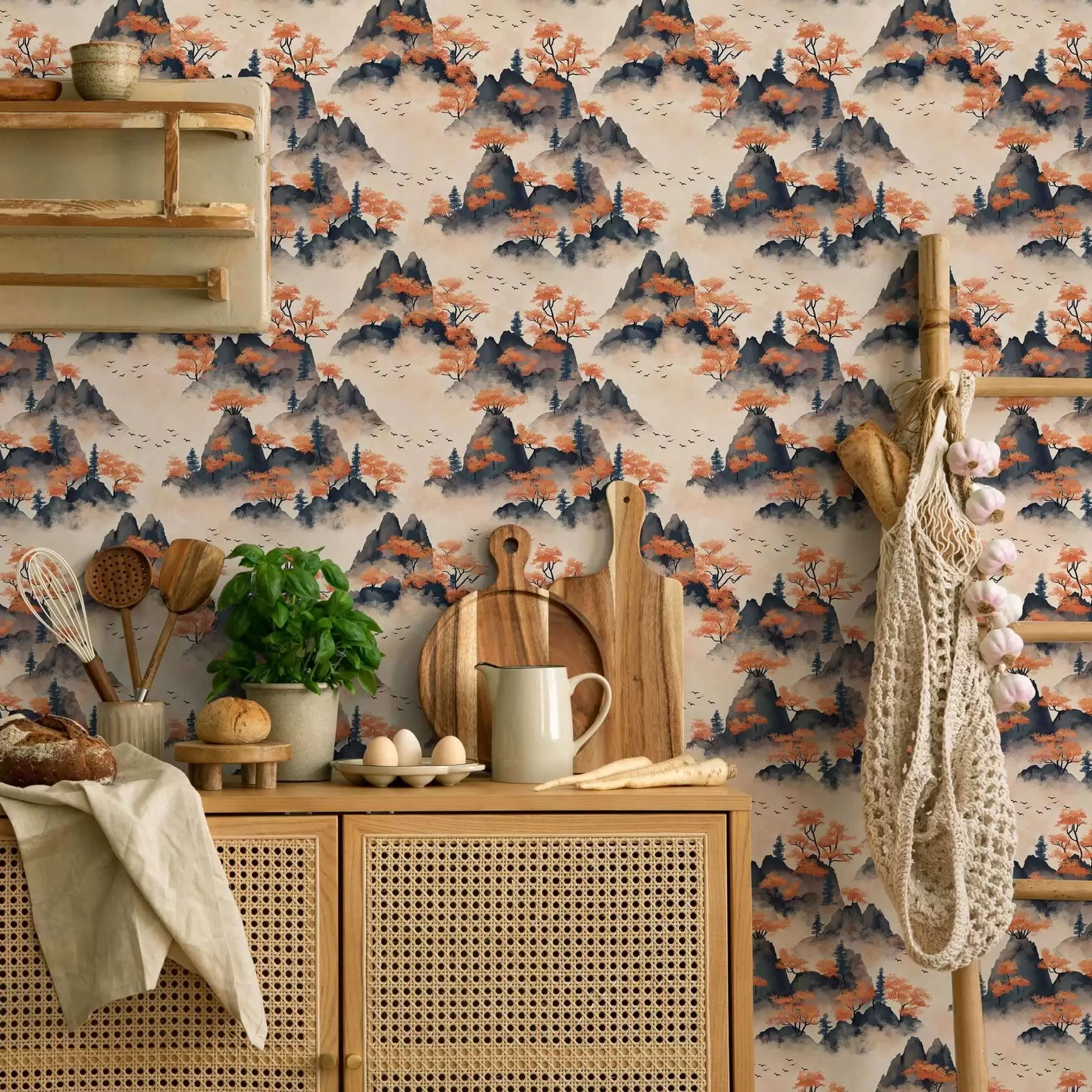 fototapeter Høstfjell i tåke med oransje trær og fugler a00104