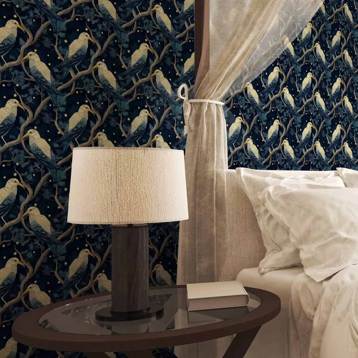 Bakgrunn Hvite fugler på greiner blant lysende ildfluer i nattskogen a00109