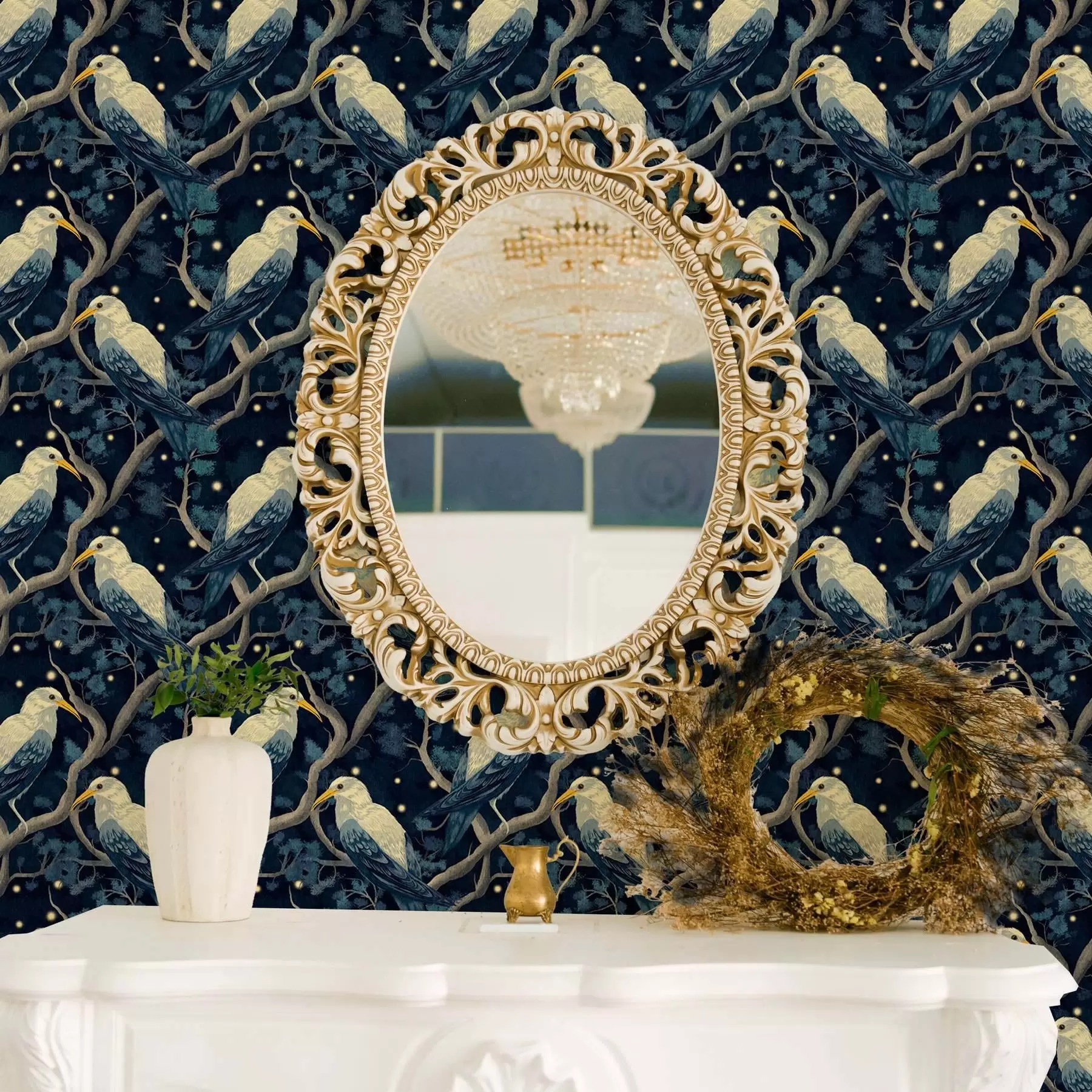 fototapeter Hvite fugler på greiner blant lysende ildfluer i nattskogen a00109