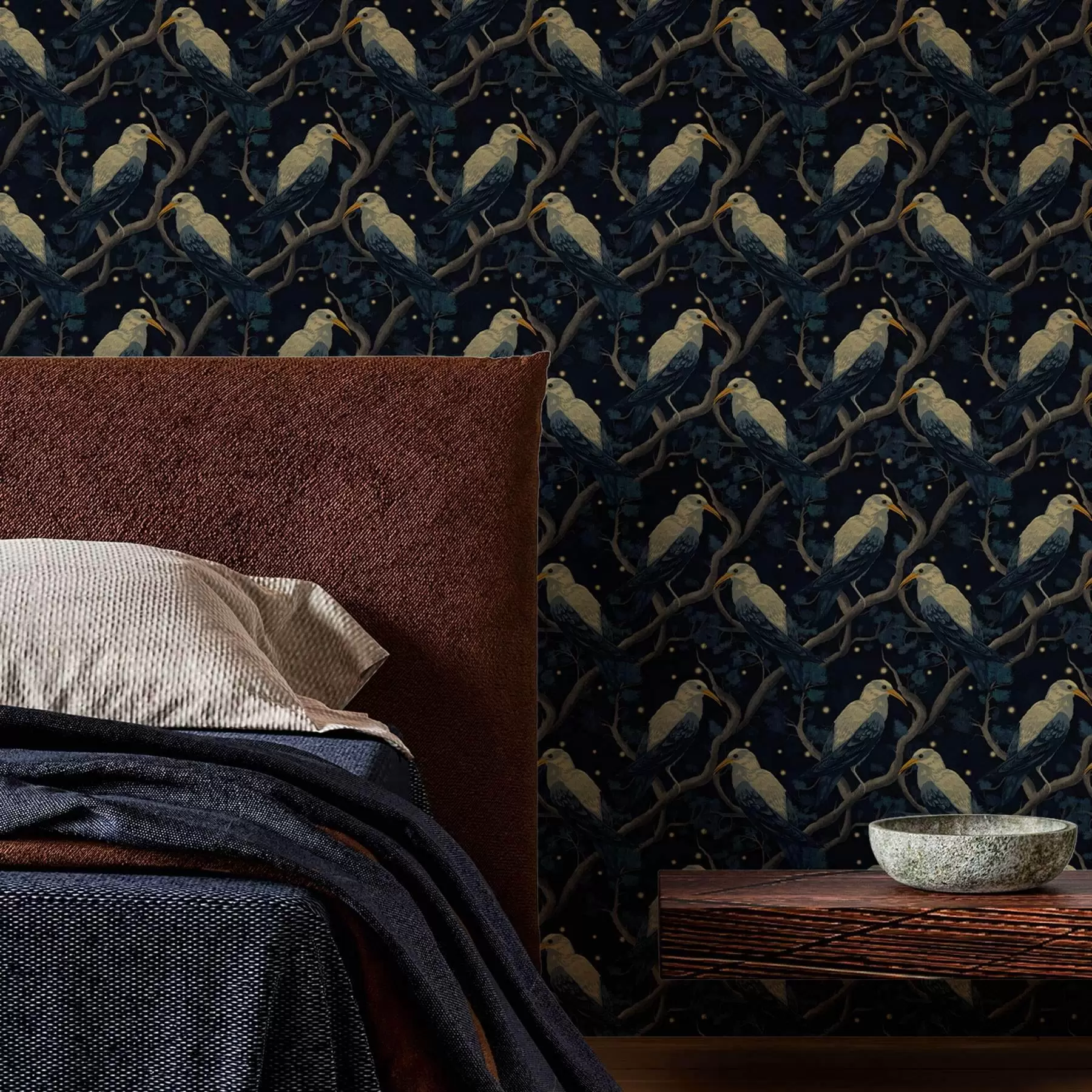 fototapeter Nattfugler på grener og stjerner på en mørkeblå bakgrunn a00109v1