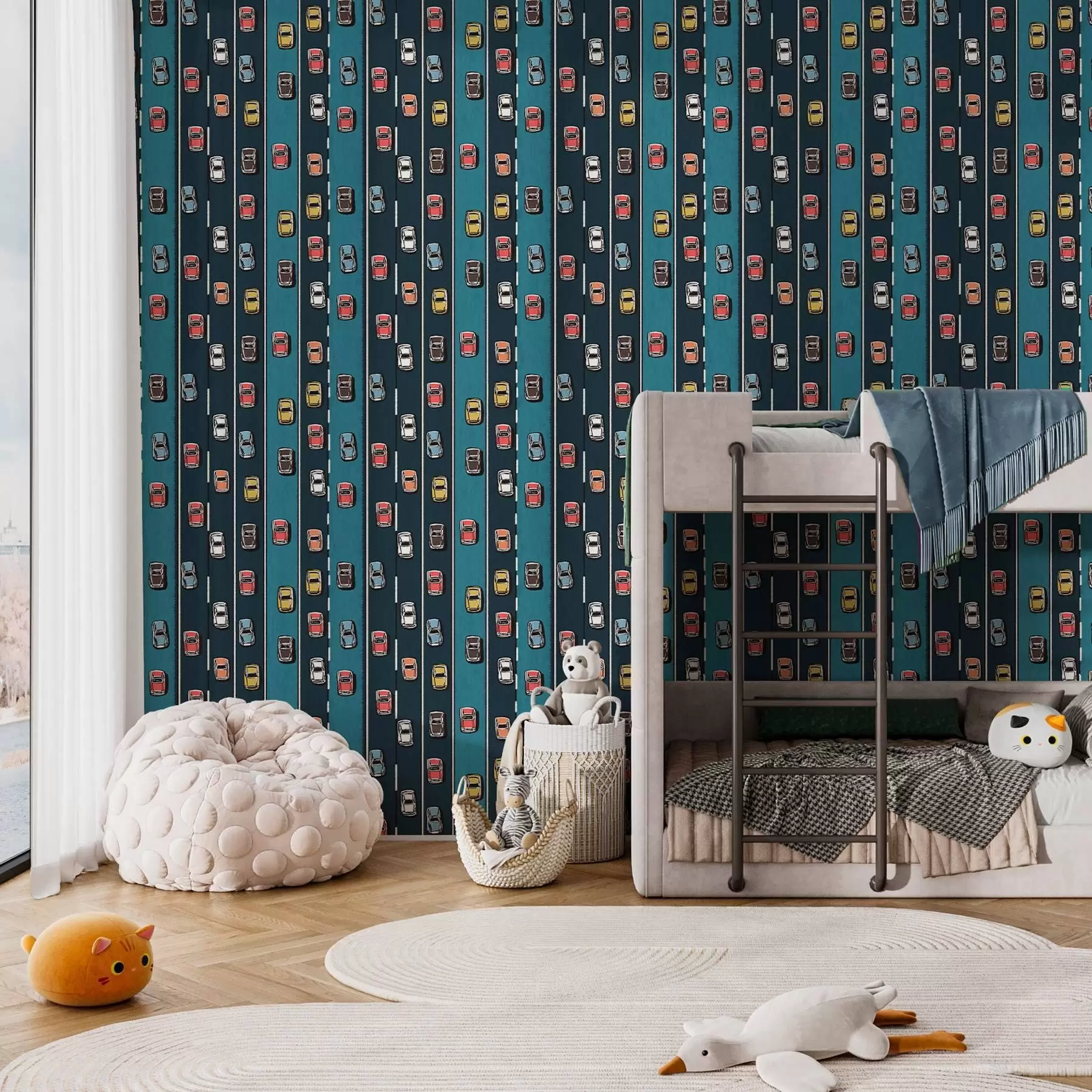 fototapeter Retrobil på marineblå vei i 60-tallsstil a00118