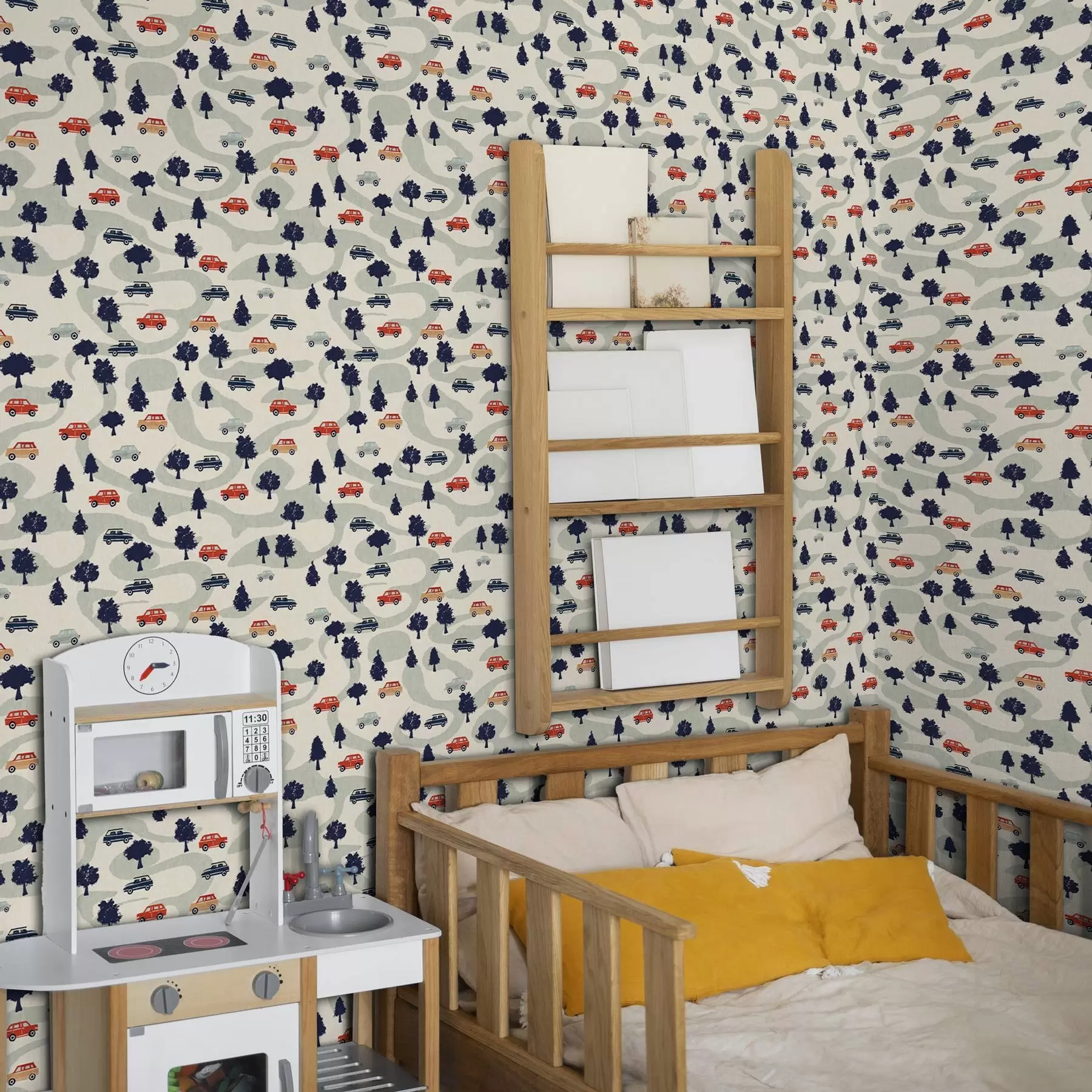 fototapeter Morsomme biler blant trærne på en kremfarget bakgrunn a00119