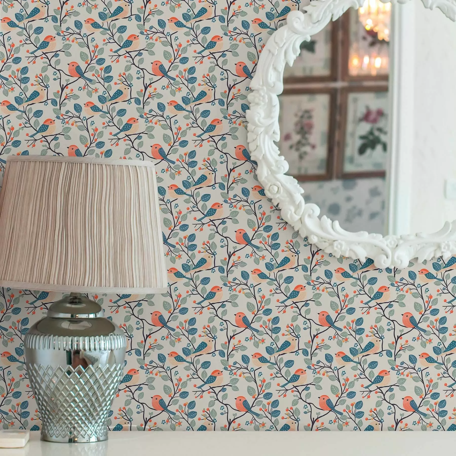 fototapeter Fugler på grener og bær i varme farger a00128v1