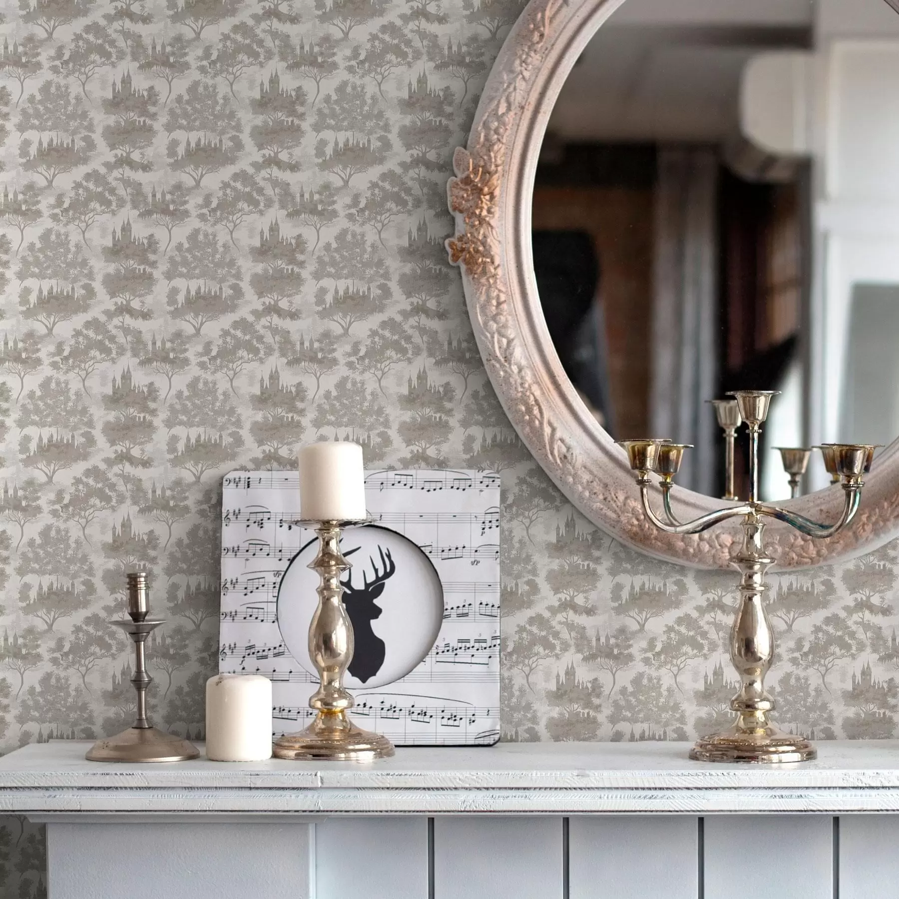 fototapeter Slott i skogen i grå og beige stil a00130