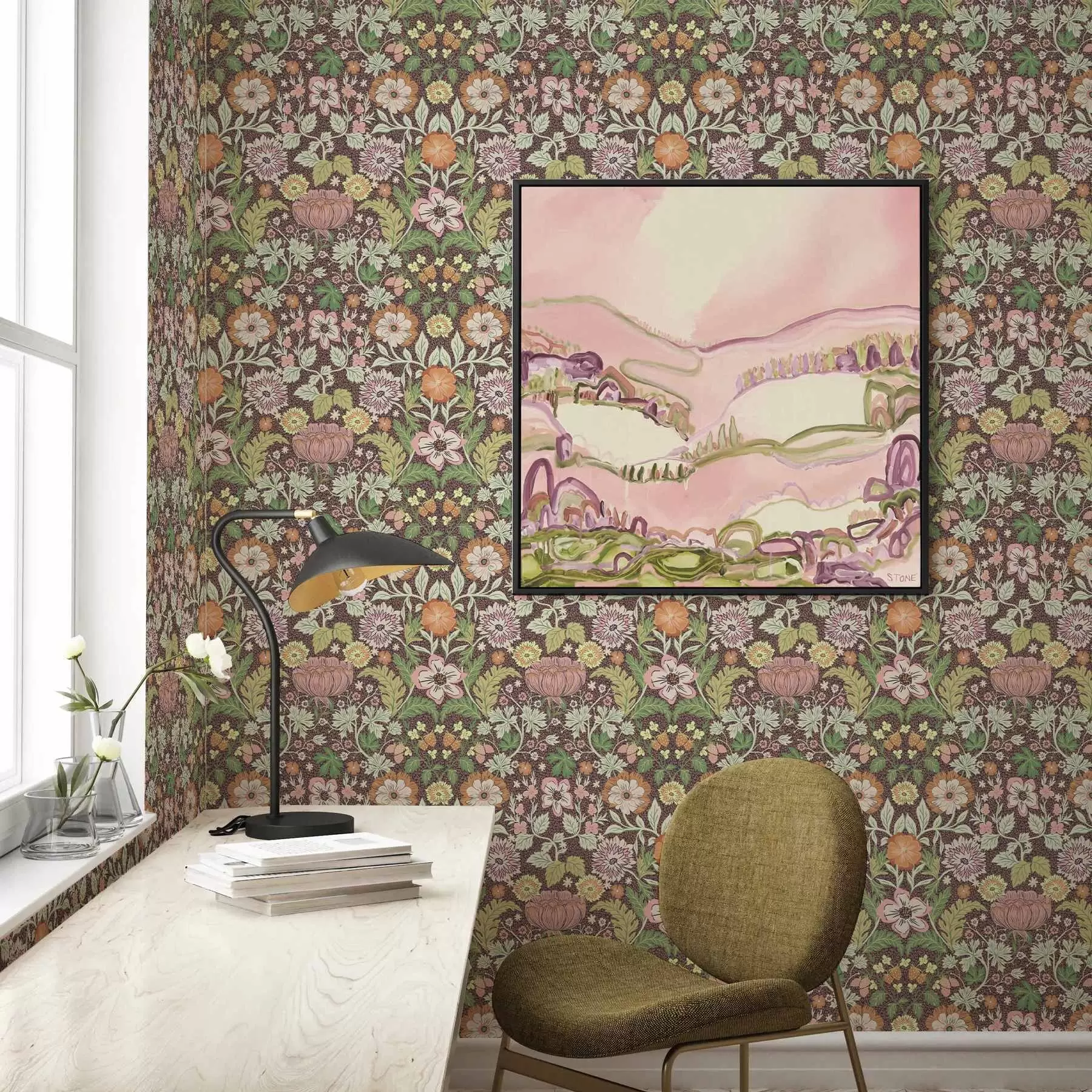 fototapeter Fargerikt mønster med grønne planter og blomster a00145v3