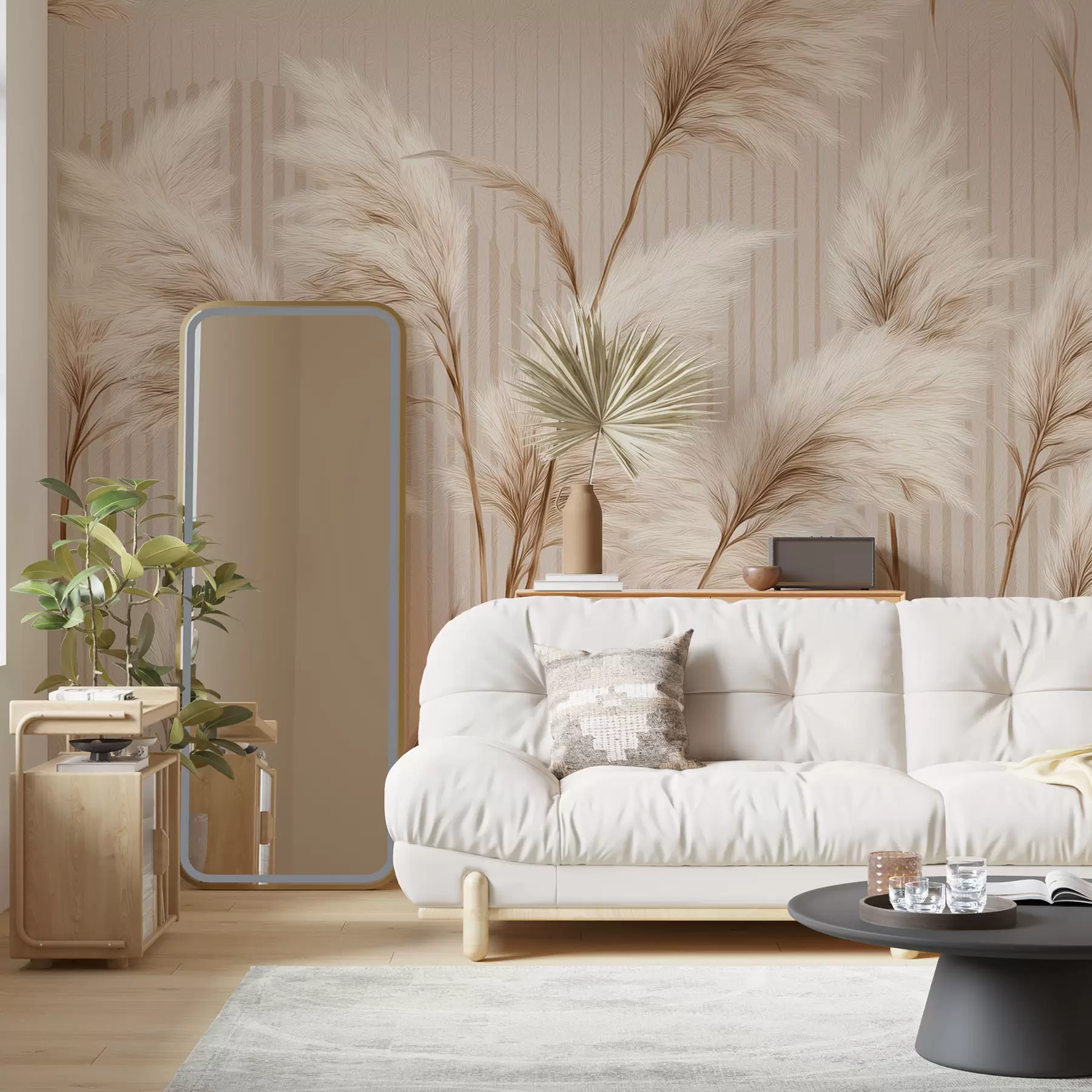 fototapeter Pampasgress mot en bakgrunn av linjer i beige toner w09104
