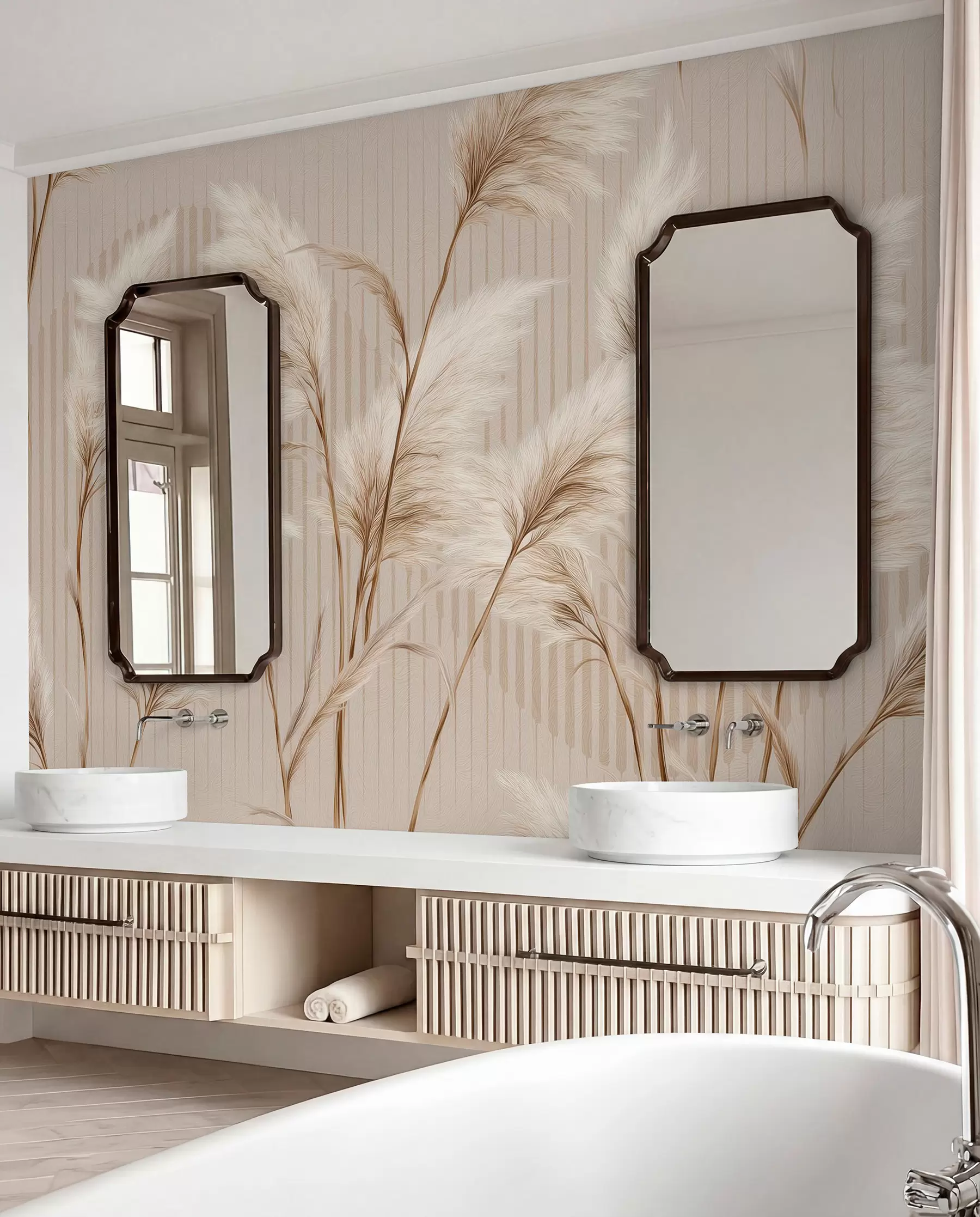 fototapeter Pampasgress mot en bakgrunn av linjer i beige toner w09104