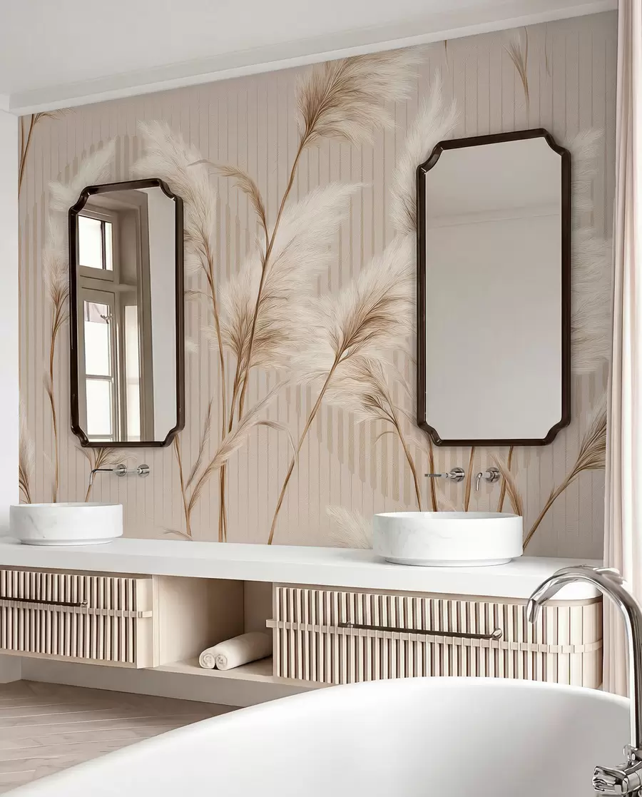 fototapeter Pampasgress mot en bakgrunn av linjer i beige toner w09104