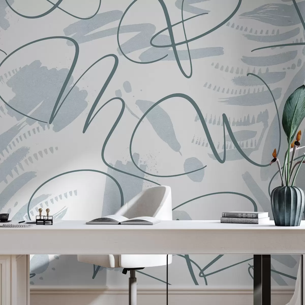 fototapeter Kalligrafisk abstraksjon med bokstaver, penselstrøk og blå farge w03913v1