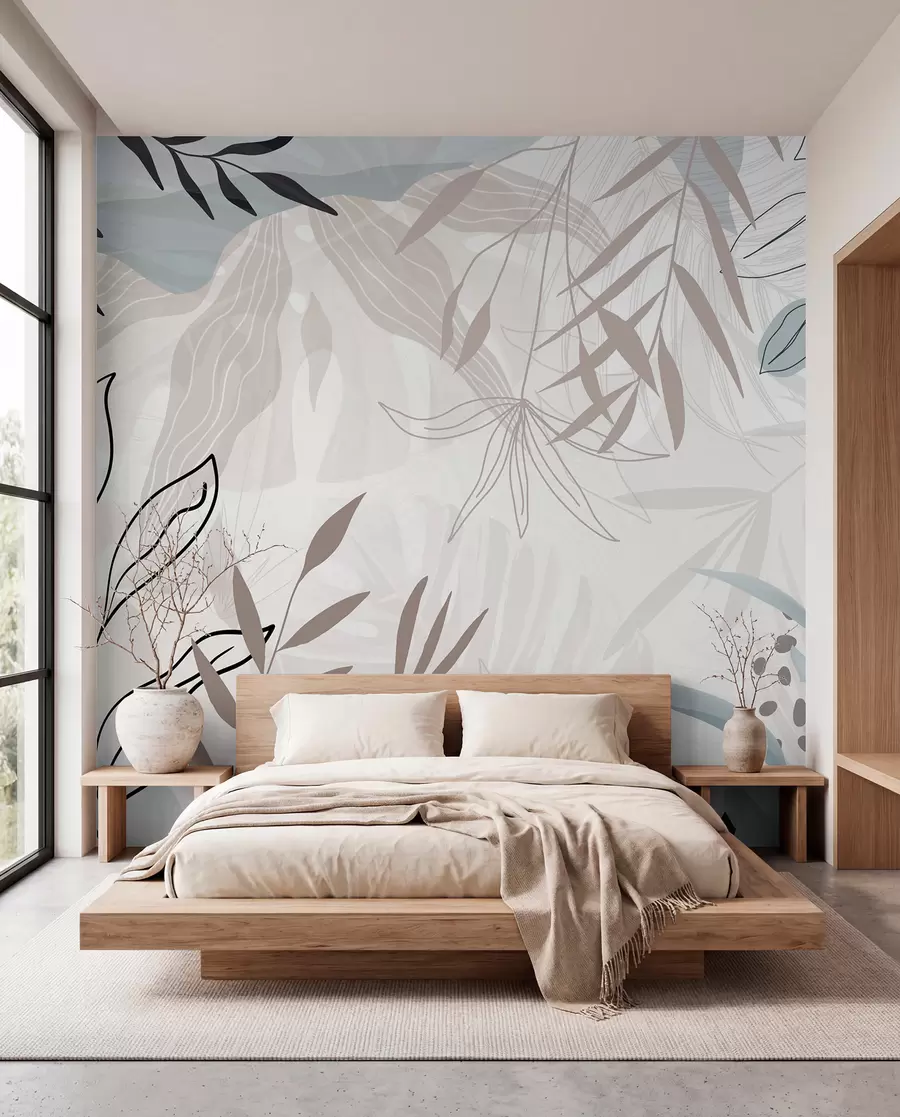 fototapeter Abstrakt, moderne blomsterdesign med pastellbeige, grå, blå og svarte blader, delikate streker og myk bakgrunn  w09105