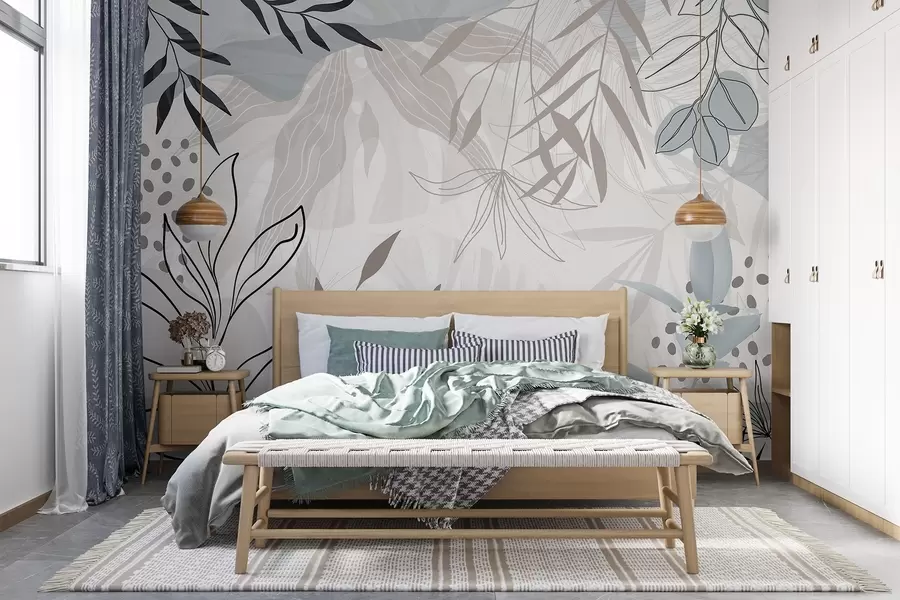 fototapeter Abstrakt, moderne blomsterdesign med pastellbeige, grå, blå og svarte blader, delikate streker og myk bakgrunn  w09105