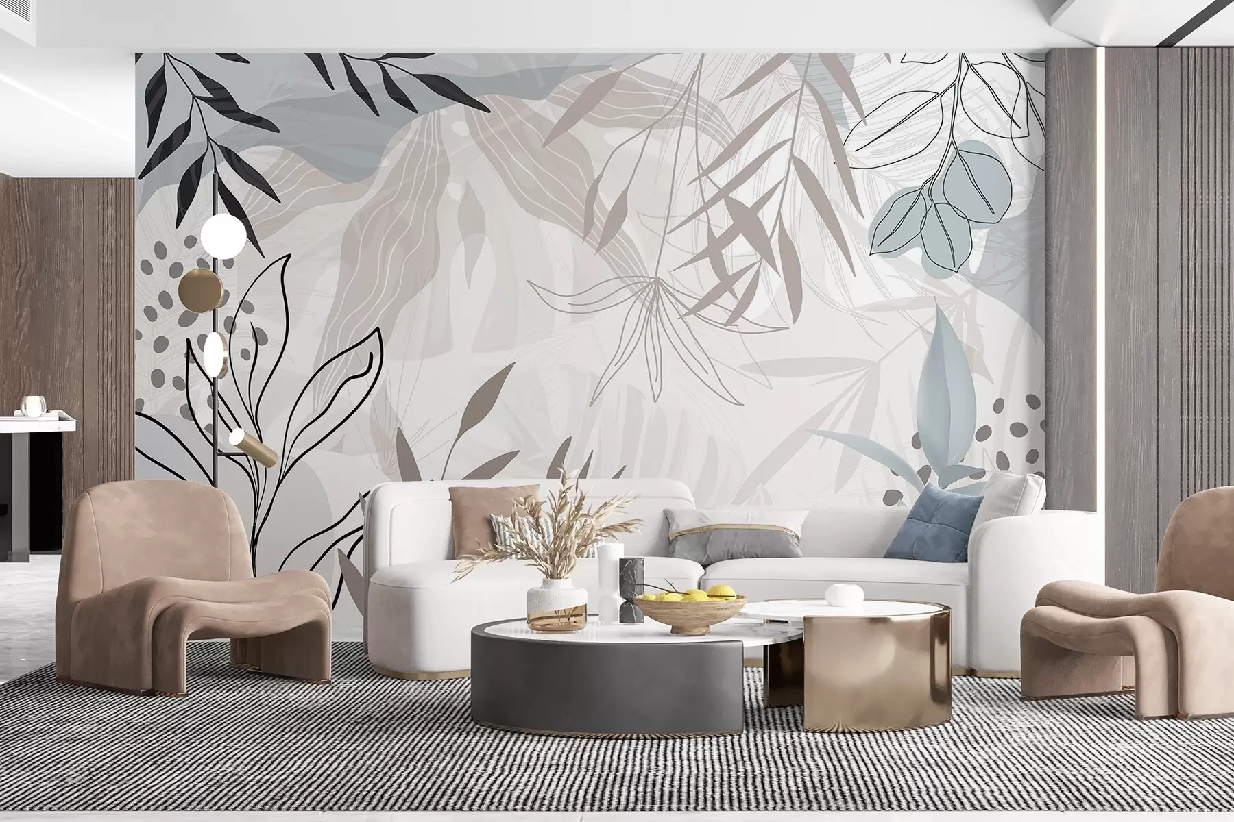 fototapeter Abstrakt, moderne blomsterdesign med pastellbeige, grå, blå og svarte blader, delikate streker og myk bakgrunn  w09105