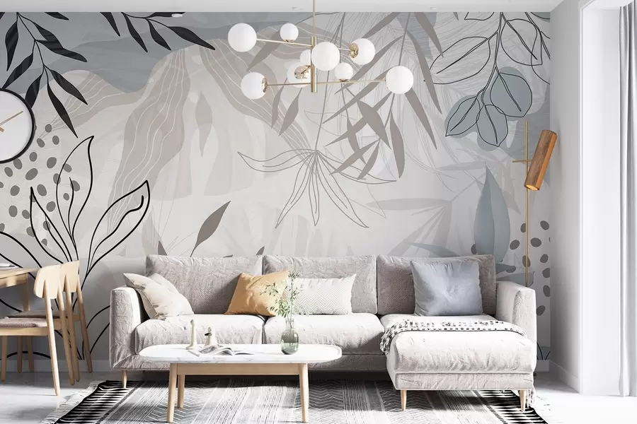 fototapeter Abstrakt, moderne blomsterdesign med pastellbeige, grå, blå og svarte blader, delikate streker og myk bakgrunn  w09105
