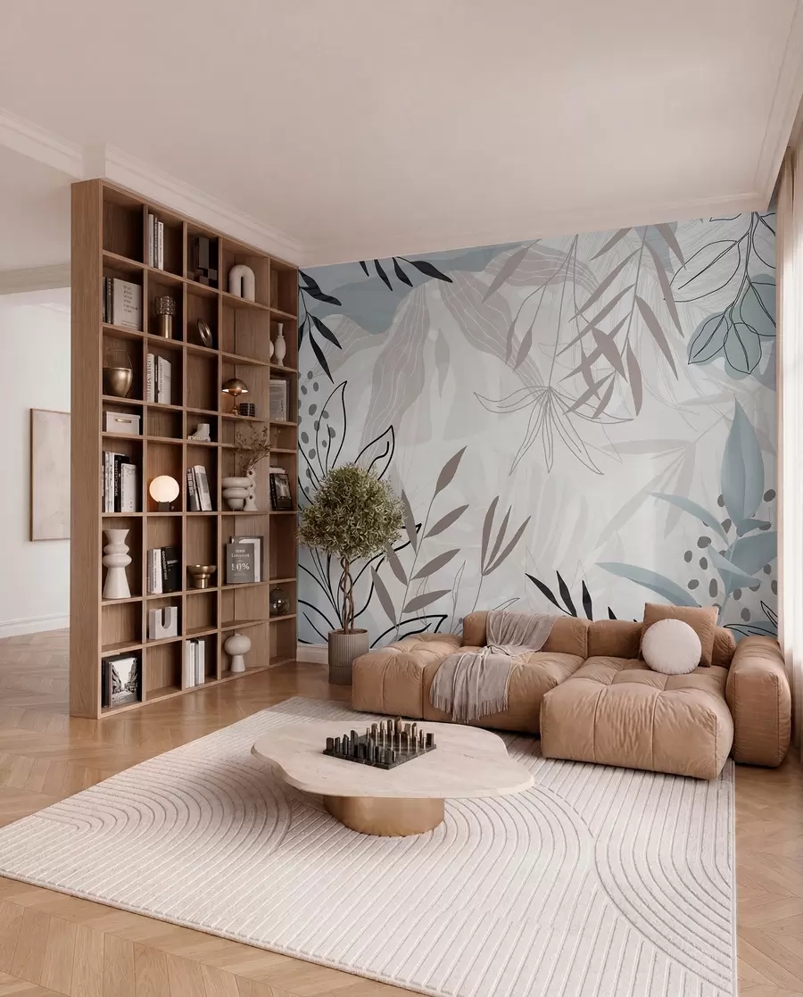 fototapeter Abstrakt, moderne blomsterdesign med pastellbeige, grå, blå og svarte blader, delikate streker og myk bakgrunn  w09105