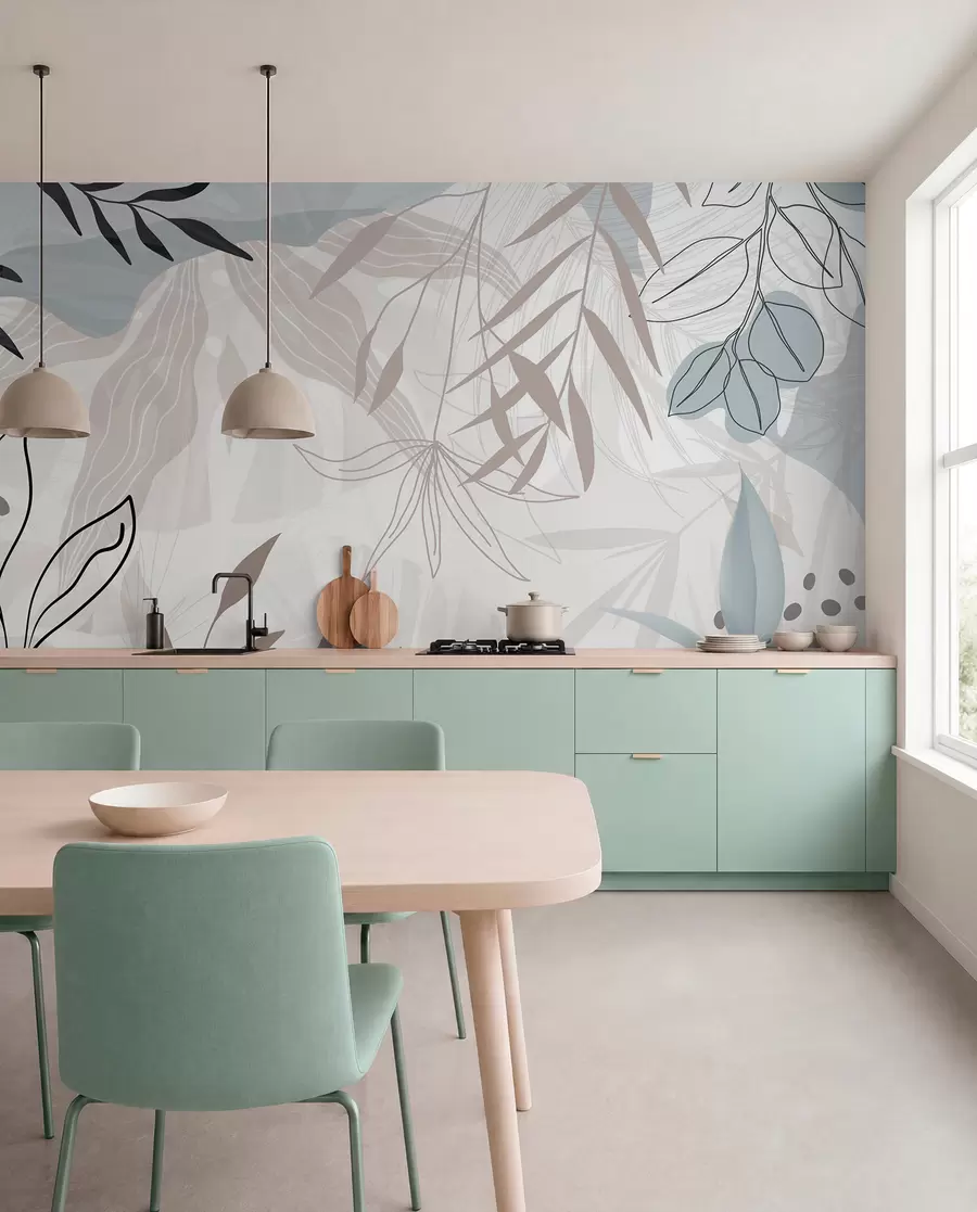 fototapeter Abstrakt, moderne blomsterdesign med pastellbeige, grå, blå og svarte blader, delikate streker og myk bakgrunn  w09105