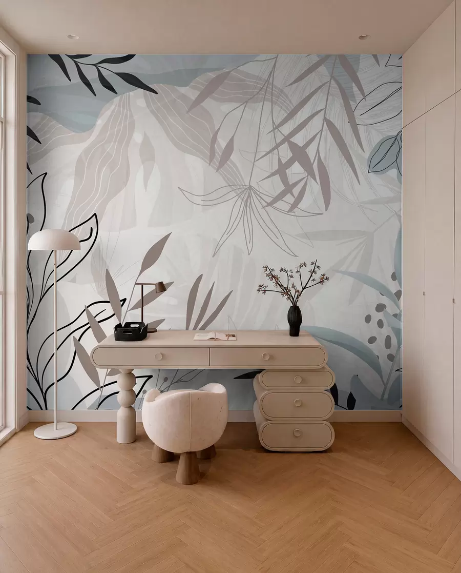 fototapeter Abstrakt, moderne blomsterdesign med pastellbeige, grå, blå og svarte blader, delikate streker og myk bakgrunn  w09105