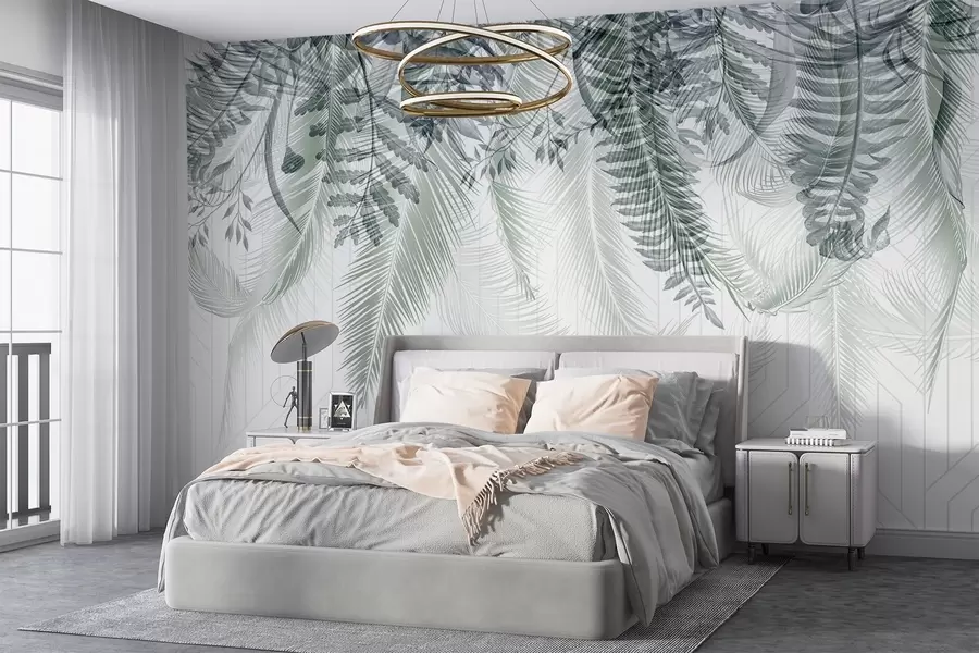 fototapeter Delikat fallende tropisk bregne og palmeblader, geometrisk bakgrunn, mykt lys, dempede farger, elegant  w09106