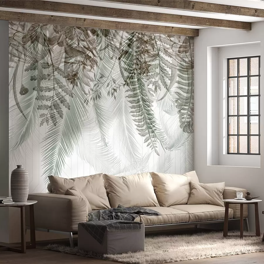 fototapeter Delikat fallende tropisk bregne og palmeblader, geometrisk bakgrunn, mykt lys, dempede farger, elegant w09106v1