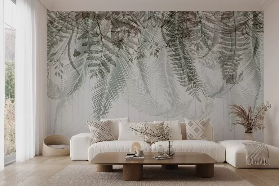 fototapeter Delikat fallende tropisk bregne og palmeblader, geometrisk bakgrunn, mykt lys, dempede farger, elegant w09106v1