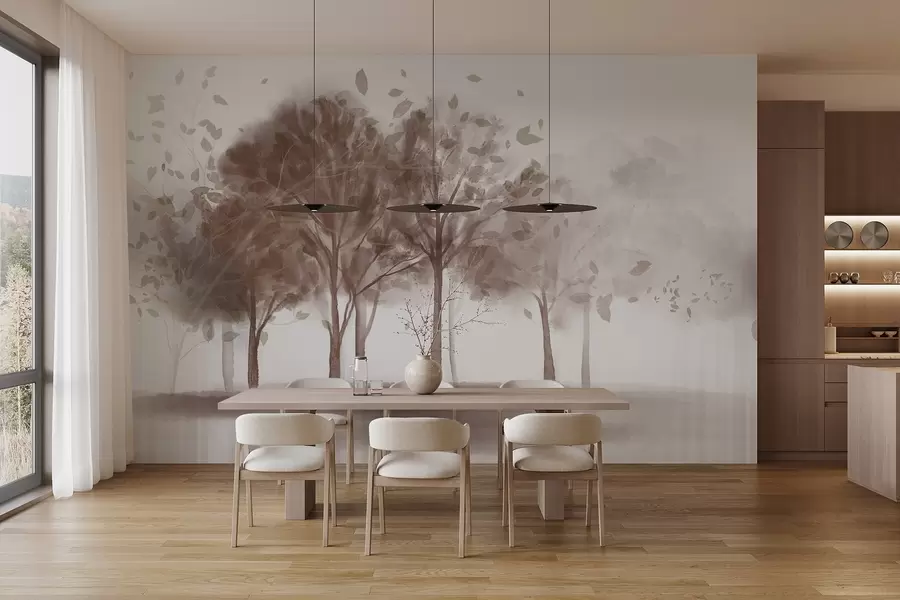 fototapeter Abstrakt landskap med trær med brune blader som speiler seg i vannet, i akvarellteksturert stil w09109v1