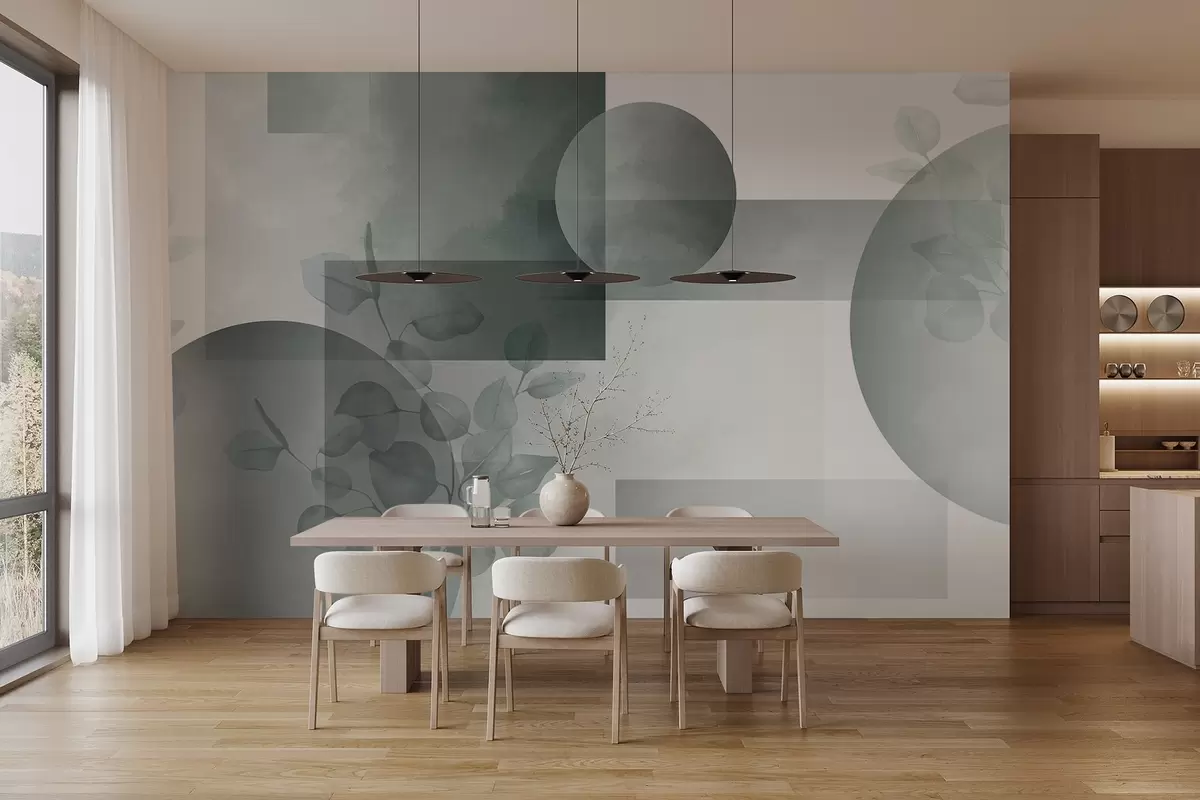 fototapeter Abstrakt, moderne og minimalistisk geometrisk design med sirkler og rektangler, eukalyptusblader og akvarelleffekt w09110