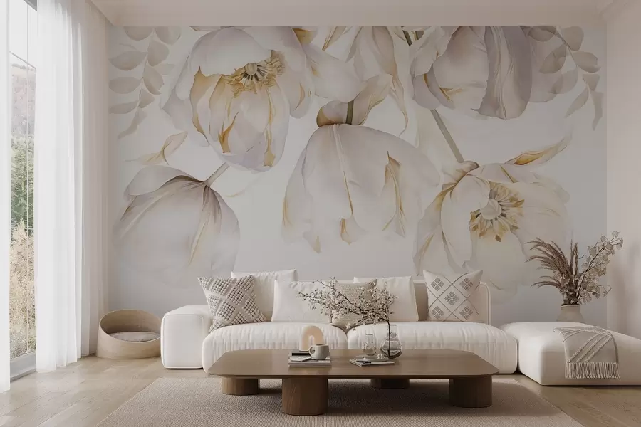 fototapeter Hvite tulipaner med gule pistiller, delikate kronblader, elegant blomsteroppsats, delikat komposisjon, på hvit bakgrunn w09112