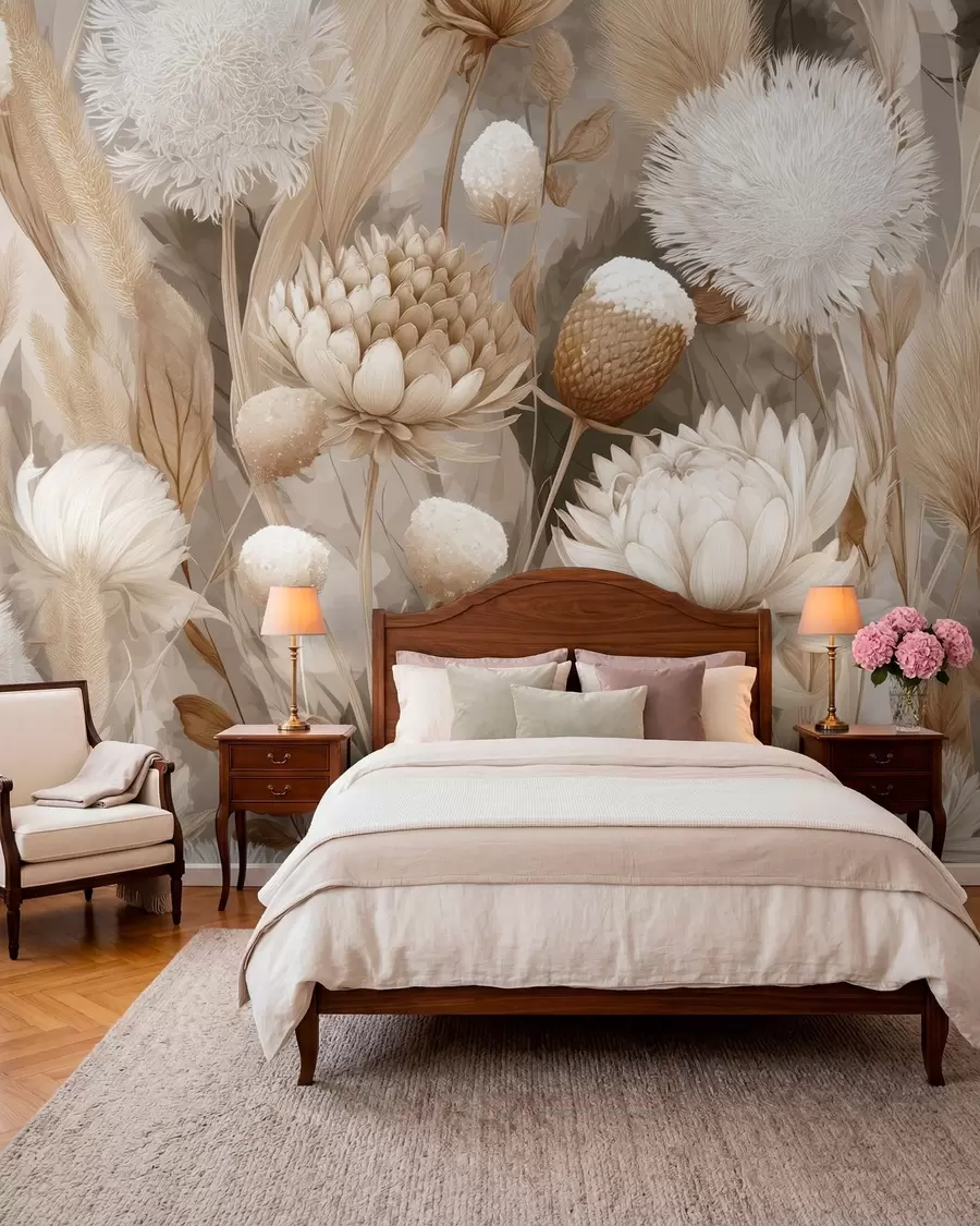 fototapeter Boho Harmony: Teksturerte blomster i beige og kremfargede toner w09121