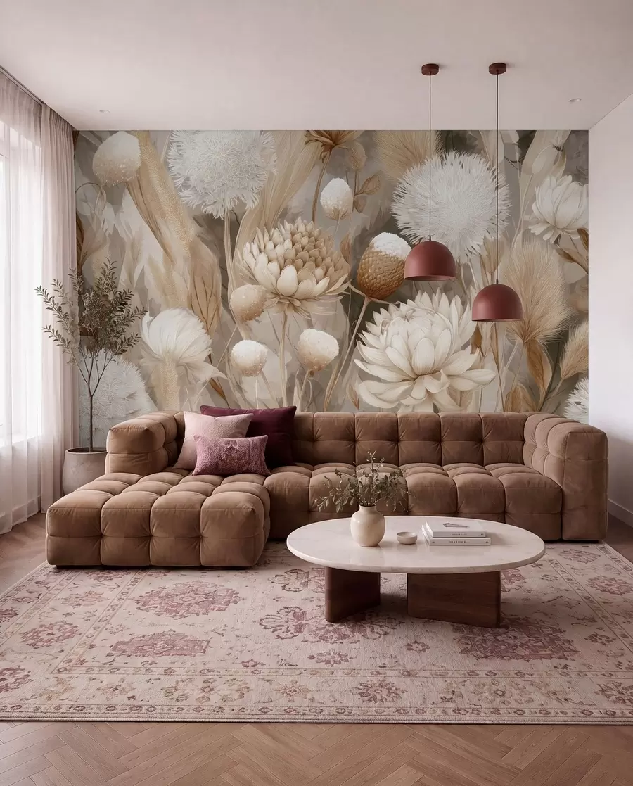 fototapeter Boho Harmony: Teksturerte blomster i beige og kremfargede toner w09121