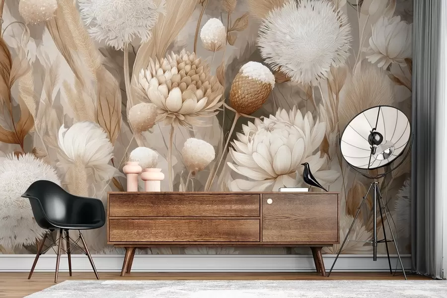 fototapeter Boho Harmony: Teksturerte blomster i beige og kremfargede toner w09121