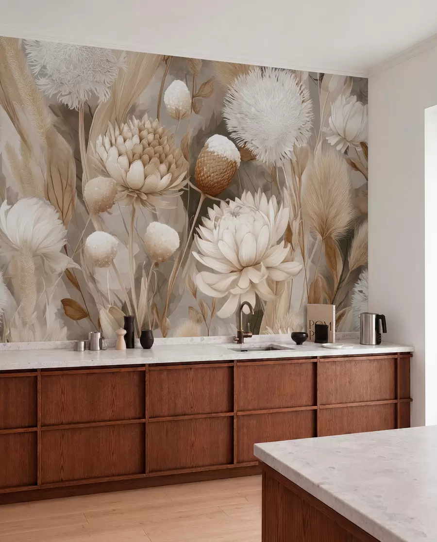 fototapeter Boho Harmony: Teksturerte blomster i beige og kremfargede toner w09121