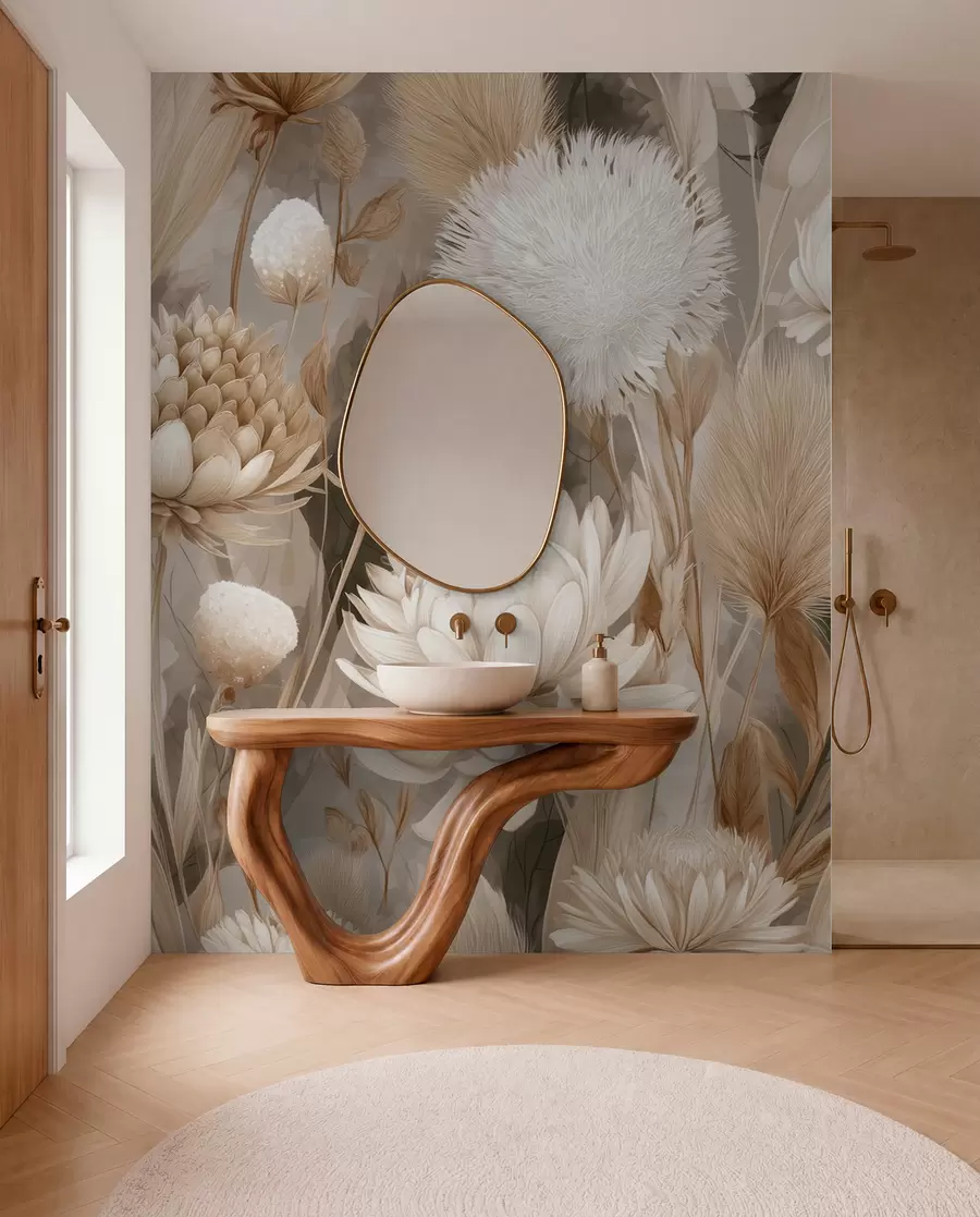 fototapeter Boho Harmony: Teksturerte blomster i beige og kremfargede toner w09121
