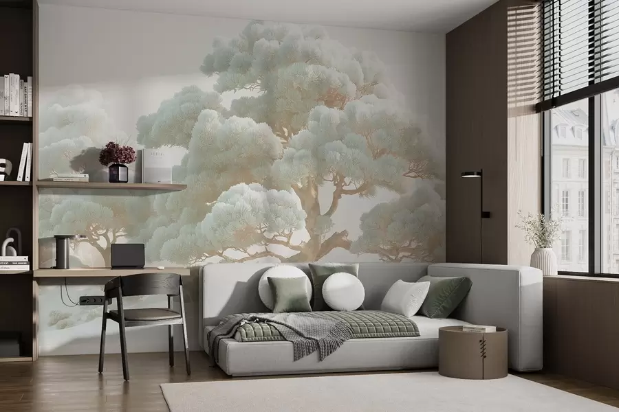 fototapeter Furutrær i tåke i myke toner stående i en skog w09122