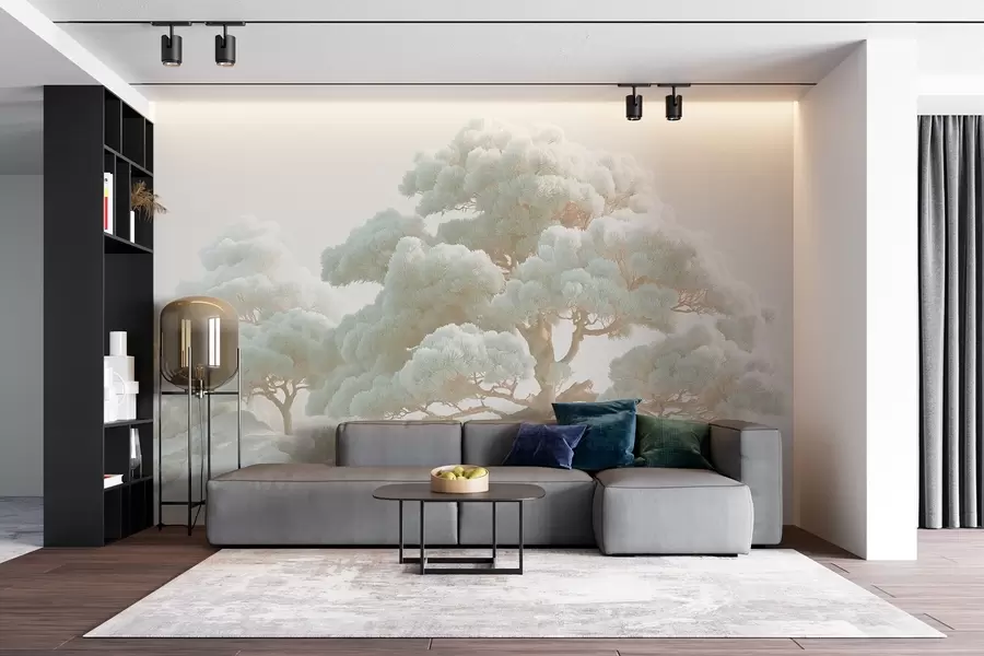 fototapeter Furutrær i tåke i myke toner stående i en skog w09122