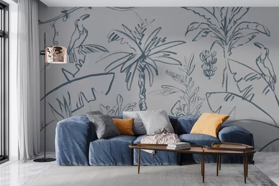 fototapeter Tropisk mønster i blått, bananer, palmer w04020v1