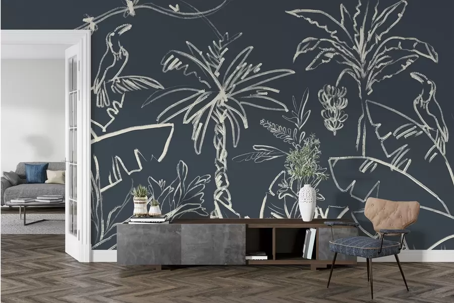 fototapeter Tropisk mønster på mørkeblå bakgrunn, palmer, bananer w04020v4