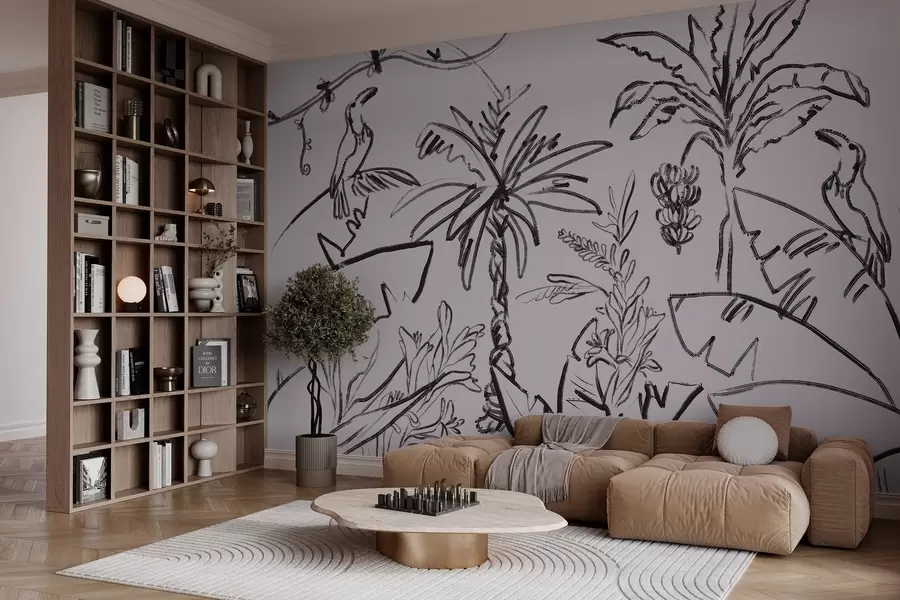 fototapeter Tropisk mønster i svart farge, palmer, bananer, konturgrafikk w04020v7